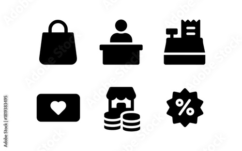 Retail icons set: shopping bag, cashier, register, card, market stall, discount