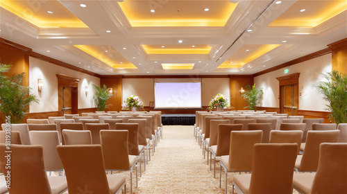 Spacious conference hall with rows of seats, warm lighting and large presentation screen, capturing professional atmosphere suitable for business events, seminars, corporate meetings