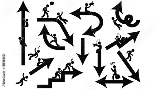 Stick figures on arrows direction growth success and failure