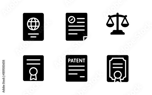 Black and white legal document icons set: passport, certificate, patent, and scales of justice