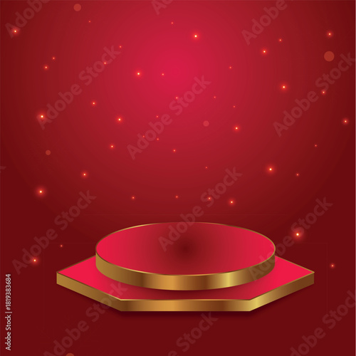 Christmas Luxury Red and Gold Podium Background with Sparkling Lights