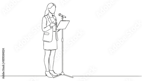 Woman giving speech line art presentation vector illustration