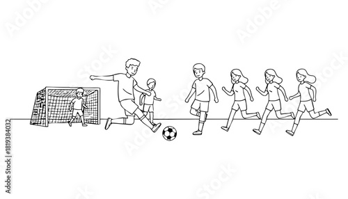 Children playing soccer game illustration vector coloring page