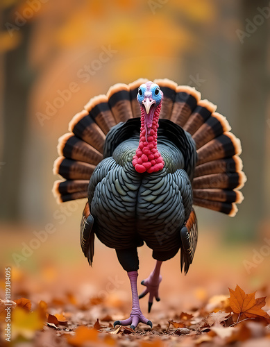 A vibrant wild turkey with its tail fanned out walks confidently through an autumn forest, surrounded by colorful fallen leaves.