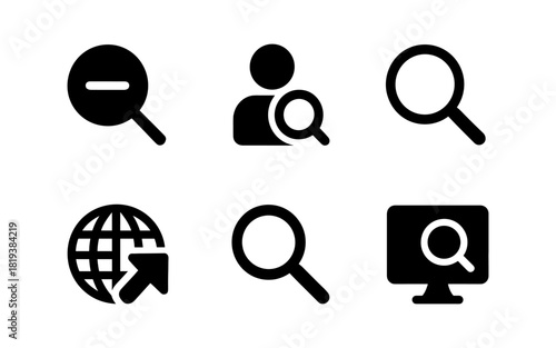 Simple black search and zoom icons collection in minimal style