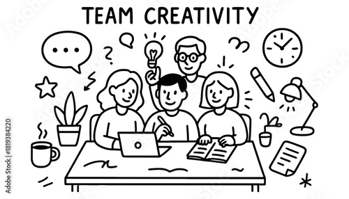 Team creativity and brainstorming session doodle style vector