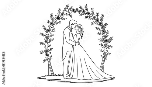 Wedding coloring page bride groom floral arch line art vector