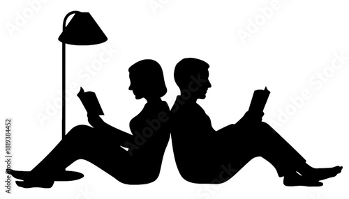 Silhouette couple reading books under lamp vector illustration