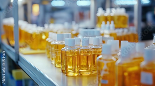 Cosmetic lab with rows of bottled oils in an industrial setting
