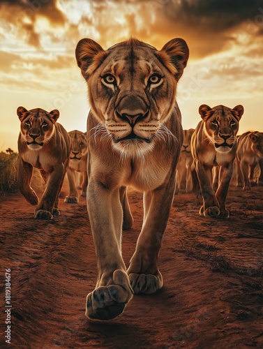 Majestic lionesses stride confidently across the sunlit savanna