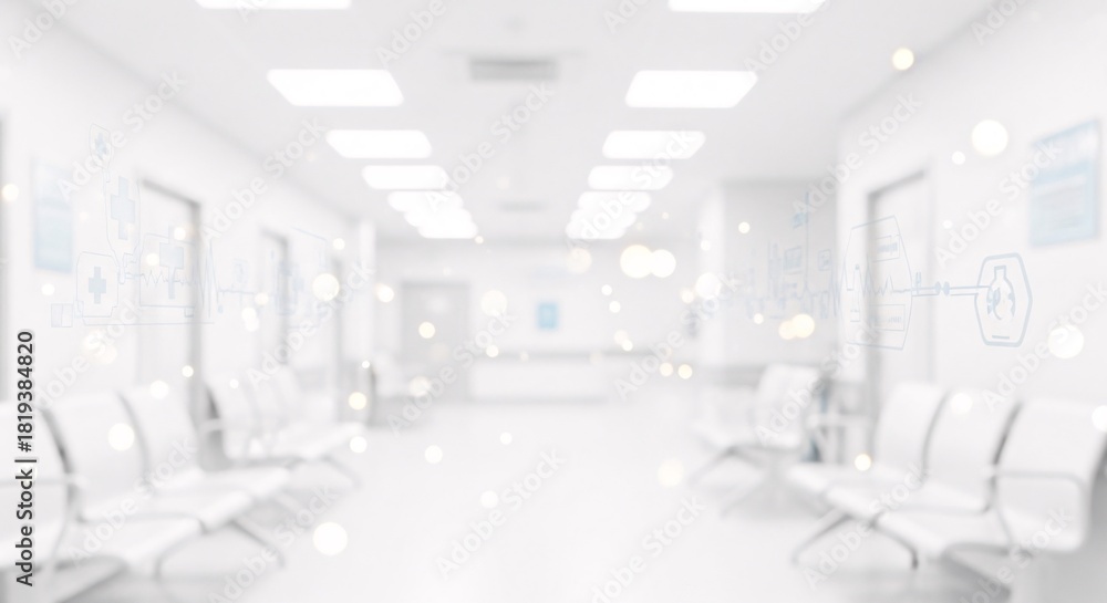 Fototapeta premium Bright white hospital corridor with seating available for copy space banner.
