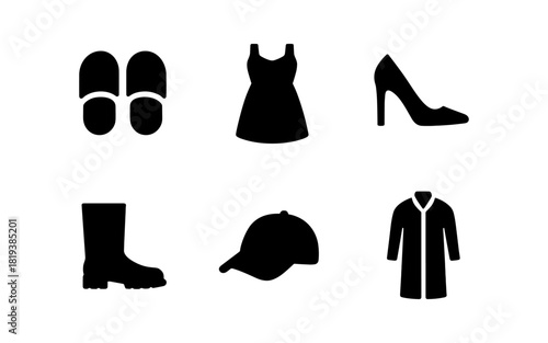 Minimalist clothing icons: dress, shoes, cap, boots, slippers, coat