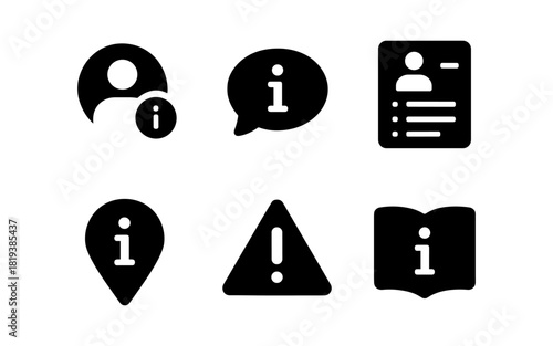 Essential information icons set: user, alert, location, message, profile, book