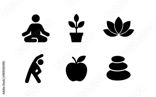 Minimalist wellness icons: yoga, plants, and nature elements in silhouette