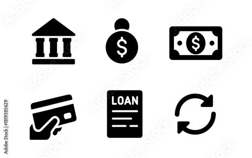 Finance symbols set: bank, currency, payment, loan, and transaction icons