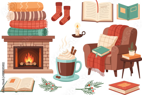 Cozy winter scene with fireplace, armchair, hot chocolate, books, and warm blanket stack