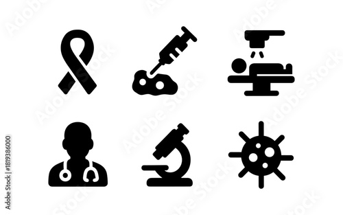 Black medical icons set: awareness, vaccine, surgery, doctor, microscope, virus