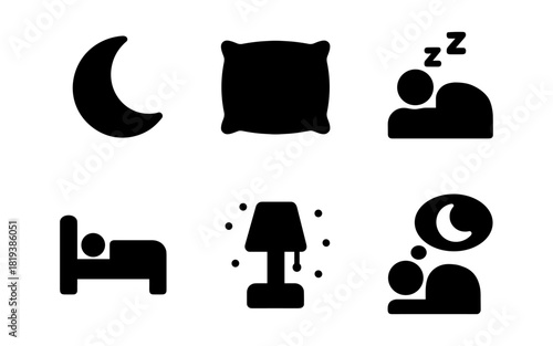 Sleep icons set: moon, pillow, sleeping person, bed, lamp, dream