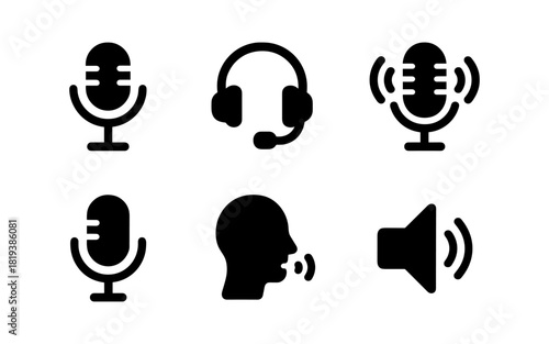 Set of audio communication icons featuring microphones and headphones in silhouette style