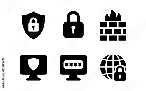 Cybersecurity icon set featuring locks and shields in bold black and white design