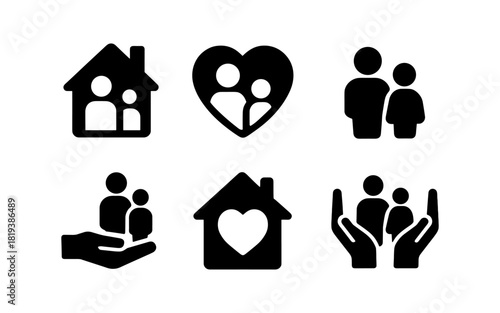 Family icons set with home and heart symbols in bold silhouette style