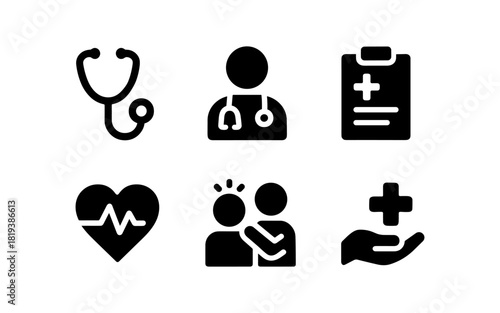 Medical icons set featuring healthcare symbols in flat style