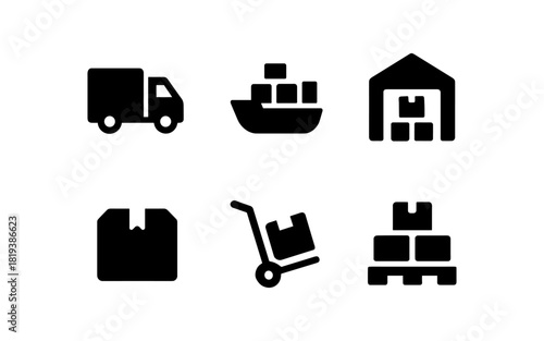 Essential shipping icons: truck, ship, warehouse, package, trolley, pallet