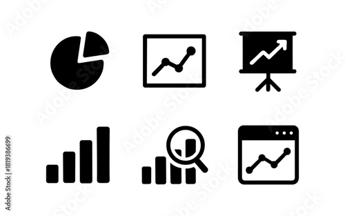 Business growth icons: simple black charts and graphs for data visualization