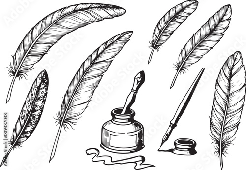 Elegant Feather and Inkwell Still Life Illustration for Writing and Creativity