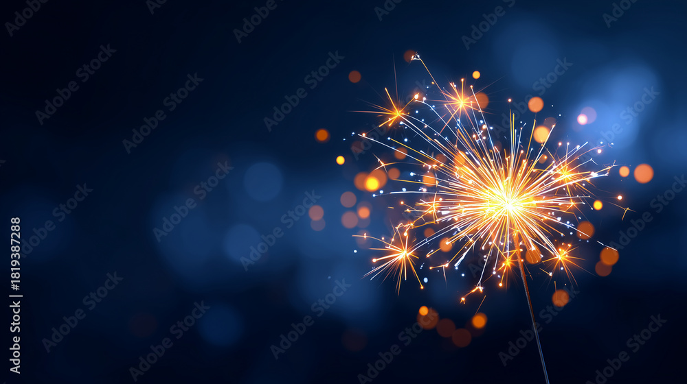 Obraz premium Sparkler firework igniting with bright golden sparks on dark blue blurred background, perfect for holiday banners, New Year cards, celebration posters, and festive digital designs