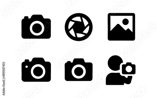 Minimalist camera icon set featuring photography tools and symbols