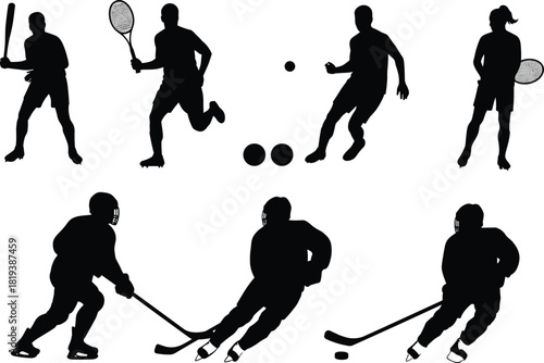 Silhouette illustration of multiple sport athletes performing tennis, cricket, soccer, and hockey actions, dynamic fitness activity collection, competitive sports artwork design