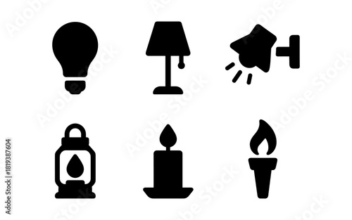 Minimalist silhouette icons of various lighting elements