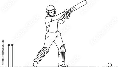 Line art illustration of cricket batsman hitting ball on pitch, professional sports action, athlete swinging bat, competitive match design, outdoor game concept