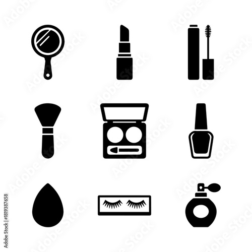 Black silhouette set of 9 makeup icons including mirror, lipstick, mascara, brush, eyeshadow, nail polish, and perfume. Created in a clean, minimal vector style.