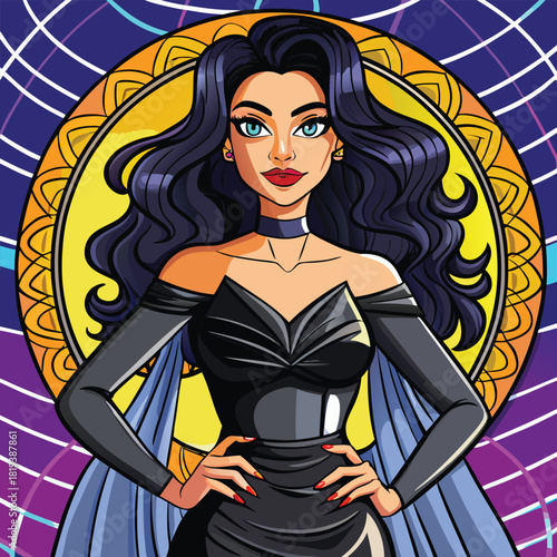 A beautiful woman with long wavy black hair and blue eyes poses against a colorful background design