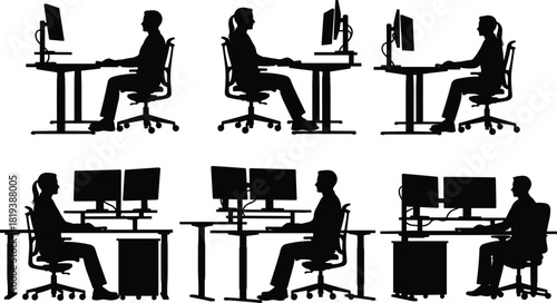 Silhouettes of People Working at Desks with Computers, Demonstrating Ergonomic and Non-Ergonomic Postures While Sitting at a Modern Office Workstation, Full-Length Vector