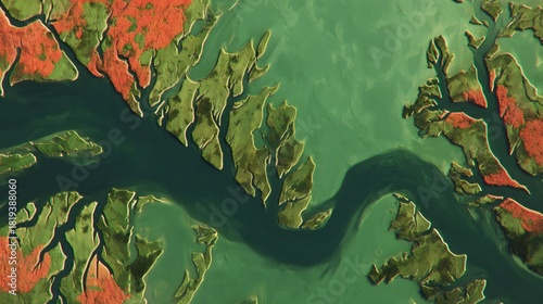 Aerial view showing intricate river delta forming diverse wetlands and estuarine landscapes from above