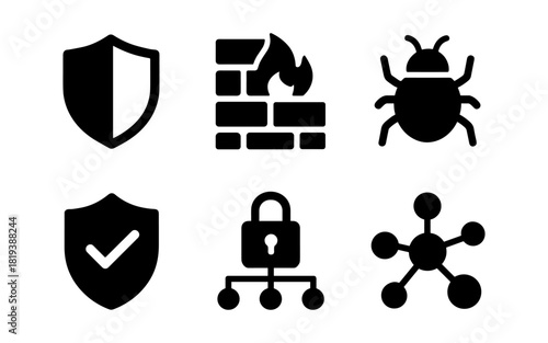 Cybersecurity icons set: shield, firewall, bug, check, lock, network