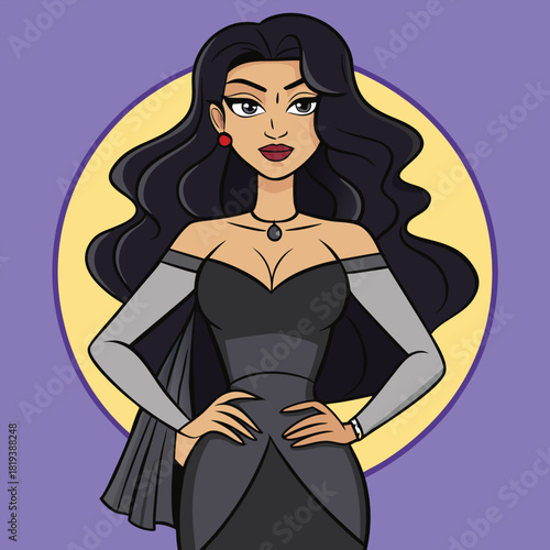 Elegant woman with black hair in a gray dress standing confidently with hands on hips on purple background
