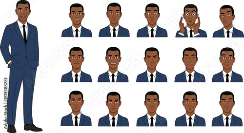African American Businessman Character Design with Full-Body Pose and Various Headshot Expressions Set, Isolated on White Background, Vector Art