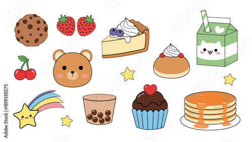 A collection of cute cartoon food items, a bear, and stars on a white background.