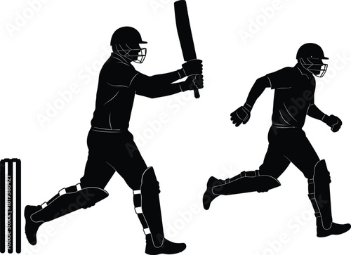 Cricket players silhouette action running and batting on field, professional sports competition design, athletic teamwork illustration for posters, banners, merchandise