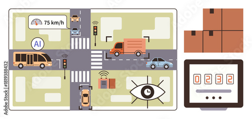 Urban intersection monitored by AI with cars, bus, and delivery truck. Includes speed tracking, surveillance, data analytics. Ideal for technology, transportation, AI logistics urban planning