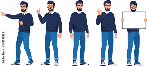 Bearded Man in Glasses and Casual Clothes Character Set, Standing and Making Gestures, Holding Blank White Board, Flat Vector Illustration