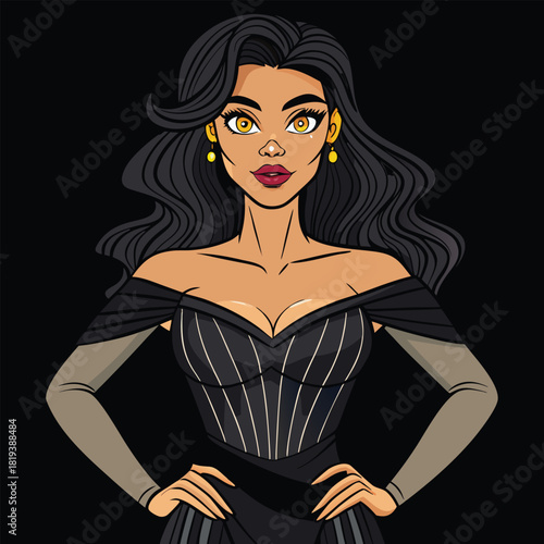 A beautiful woman with dark hair and golden eyes poses confidently in a stylish black dress