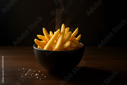 Steaming Fries in Black Bowl on Dark Wood