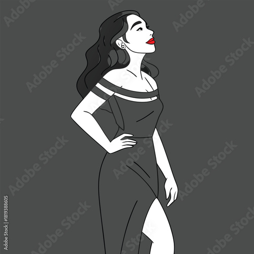Elegant woman in a stylish dress strikes a pose with confidence and grace, looking up with a smile