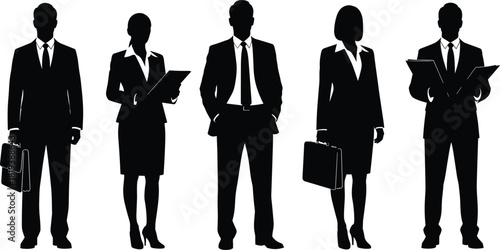 Business People Silhouette Set, Men and Women Executives in Formal Suits Holding Briefcases and Folders, Isolated Black Vector Graphic