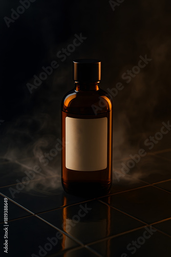 Amber Bottle on Glossy Black Ceramic With Fog